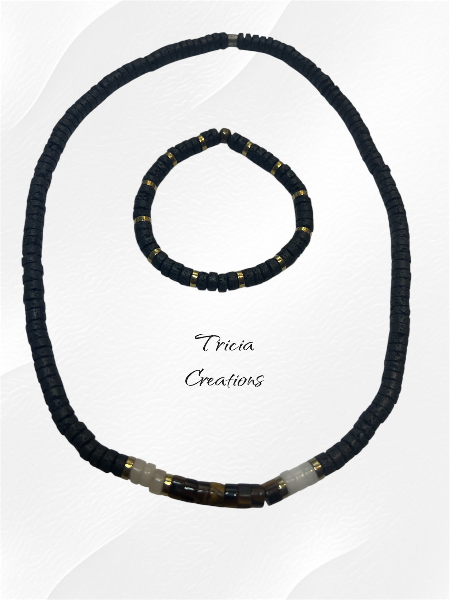 Collier et bracelet : Pierre de lave - Hématite et Oeil de tigre