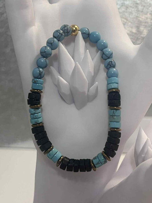Bracelet : Pierre de lave - Howlite bleu - Hématite dorée