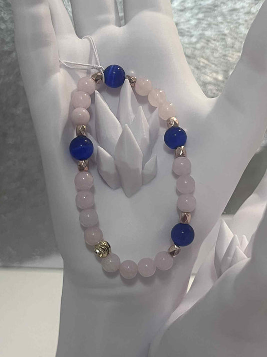 Bracelet : Quartz rose - Perles Bleu