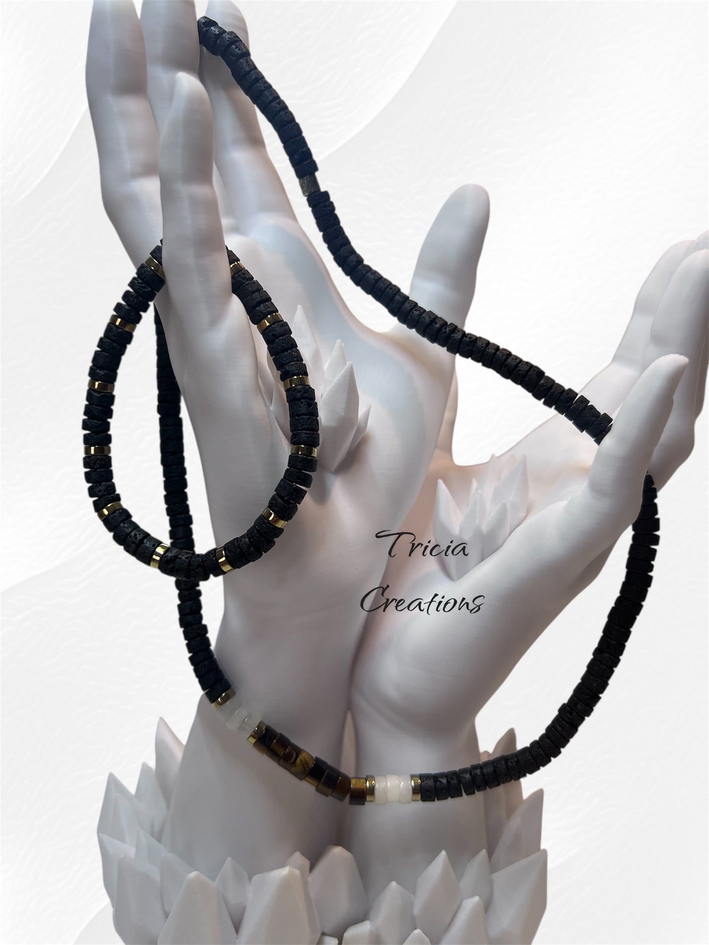 Collier et bracelet : Pierre de lave - Hématite et Oeil de tigre