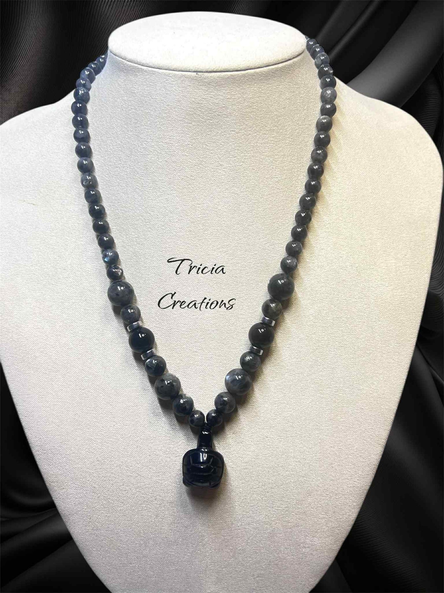 Collier : Larvikite - Obsidienne noir