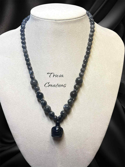 Collier : Larvikite - Obsidienne noir