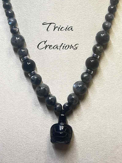 Collier : Larvikite - Obsidienne noir