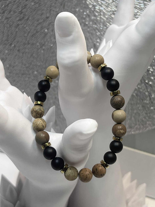 Bracelet : Jaspe paysage / Hématite et onyx